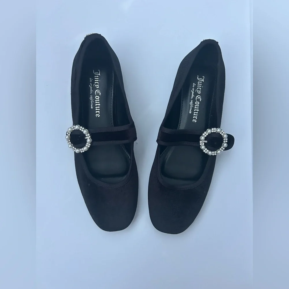 NWOT Juicy Couture Black Mary Jane Flats with Pearl Buckle